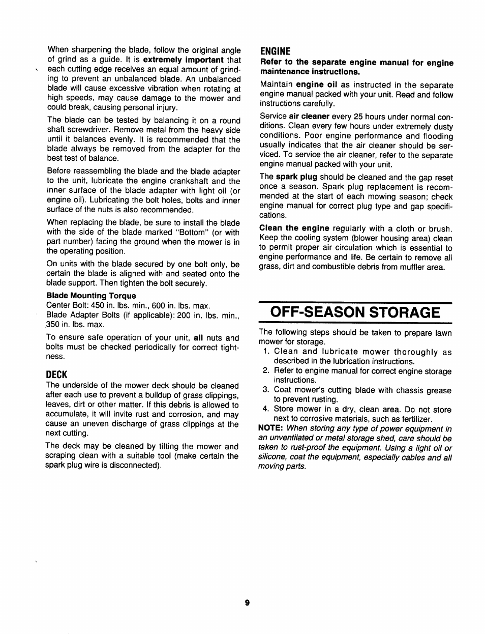 Deck, Engine, Off-season storage | MTD 070 Thru 088 User Manual | Page 9 / 12