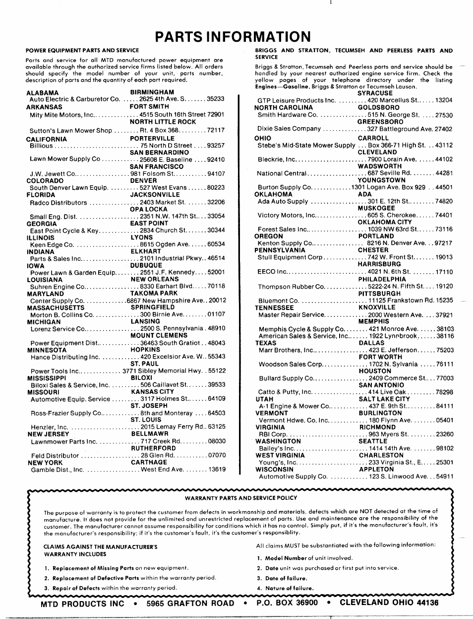 Parts information | MTD 110-530A User Manual | Page 19 / 19