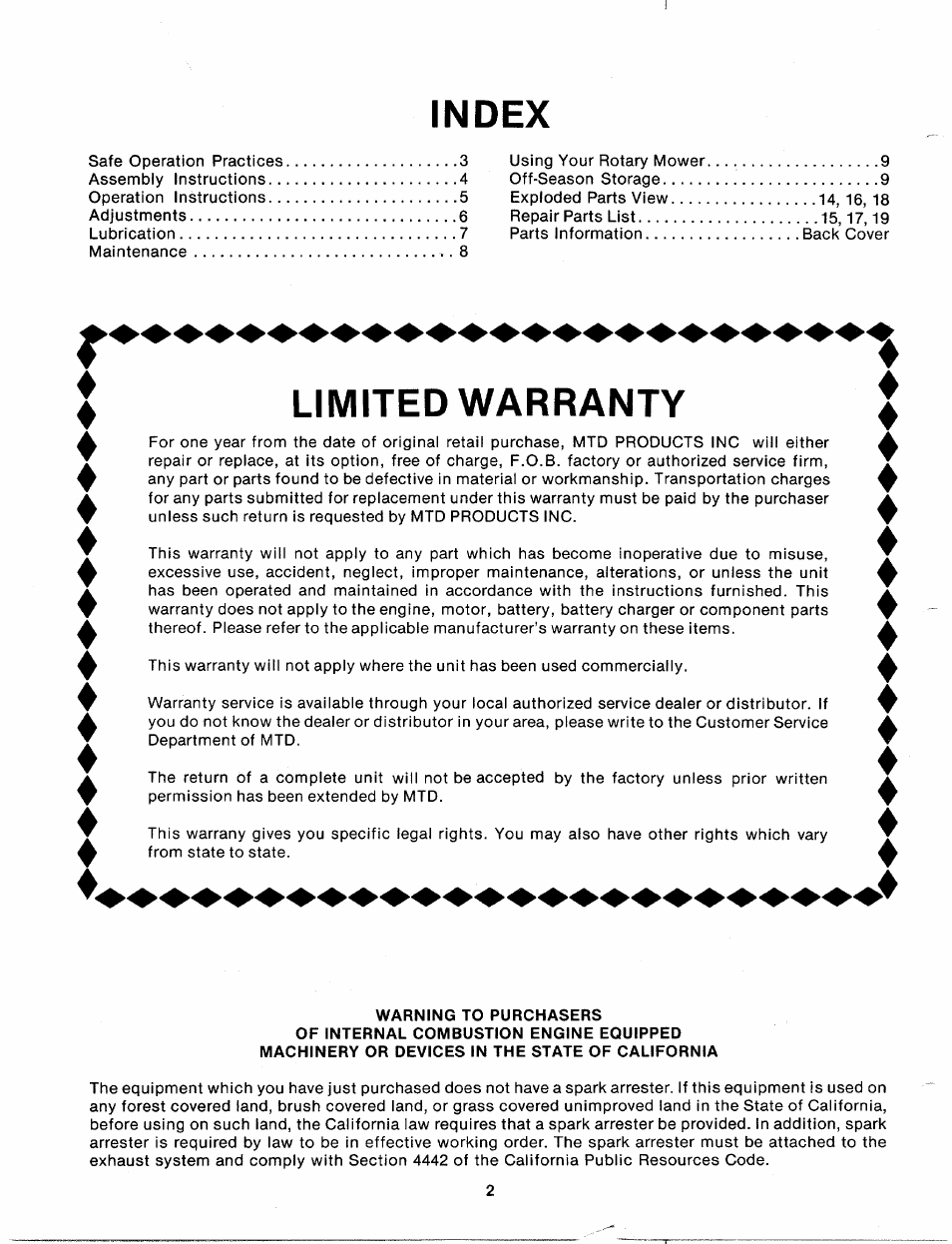 Index, Limited warranty | MTD 110-530A User Manual | Page 2 / 19