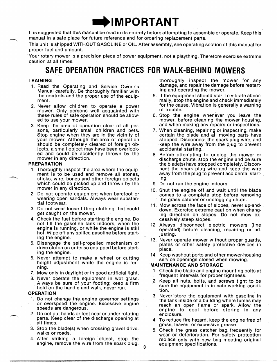 Important, Safe operation practices for walk-behind mowers, Preparation | Operation, Maintenance and storage | MTD 110-530A User Manual | Page 3 / 19