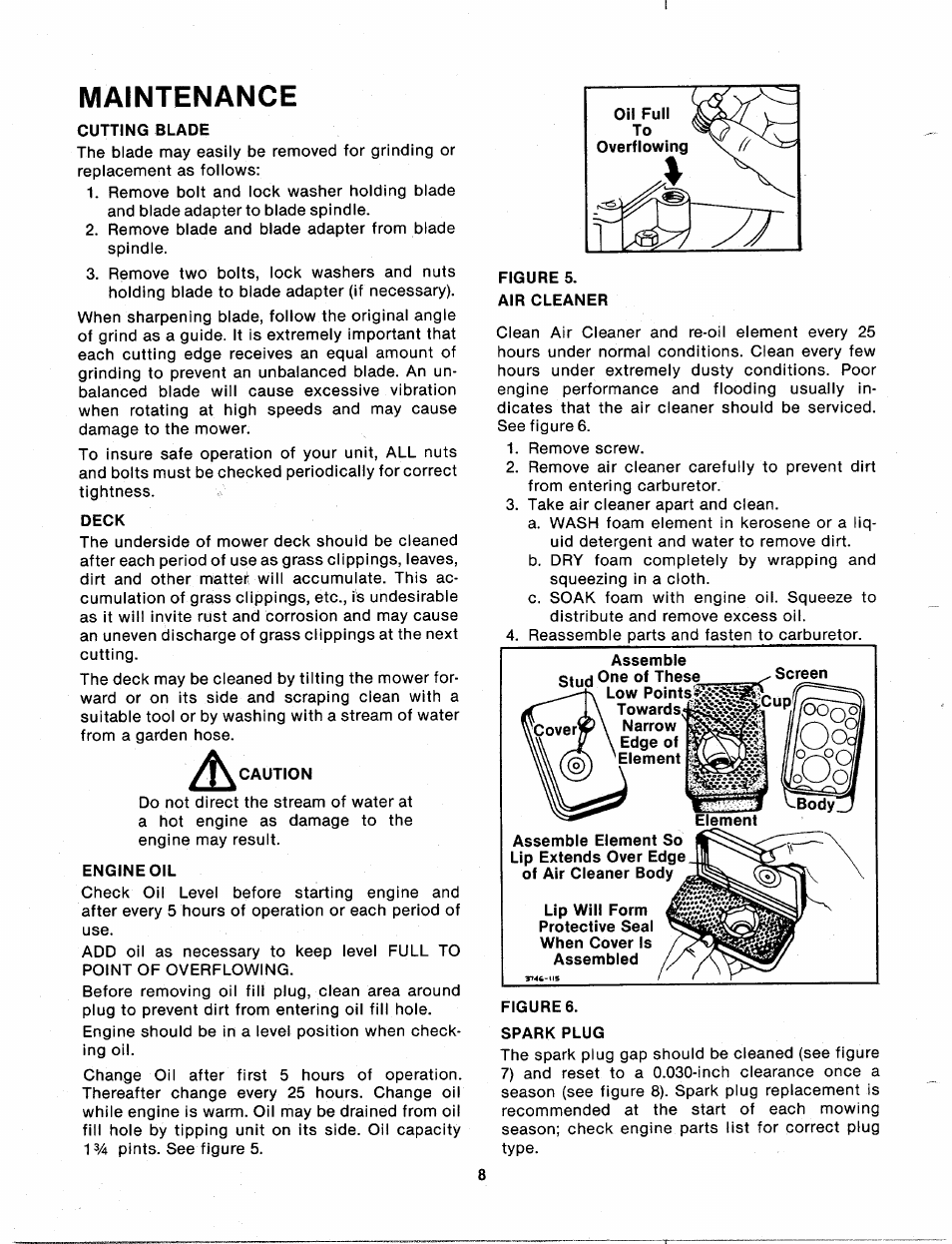 Maintenance, Cutting blade, Deck | Engine oil, Air cleaner, Figures, Spark plug | MTD 110-530A User Manual | Page 8 / 19