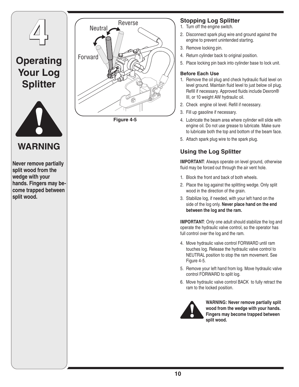 Operating your log splitter, Warning | MTD 5DM User Manual | Page 10 / 52