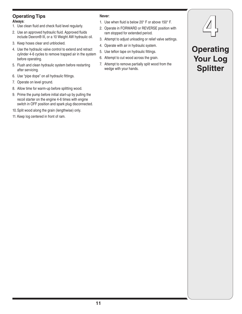 Operating your log splitter | MTD 5DM User Manual | Page 11 / 52