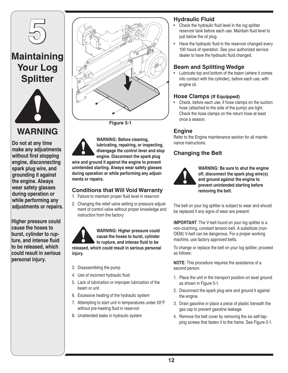 Maintaining your log splitter, Warning | MTD 5DM User Manual | Page 12 / 52