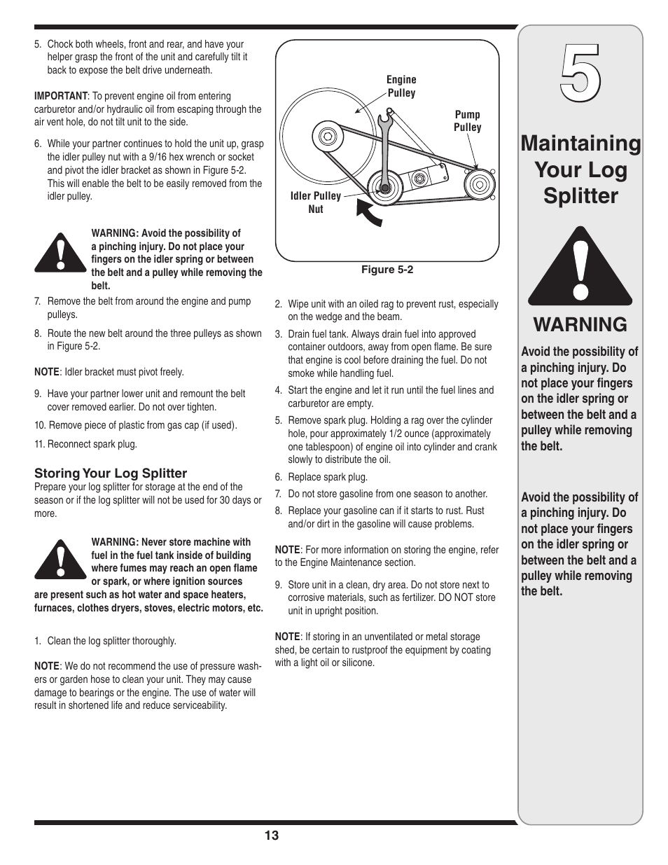 Maintaining your log splitter, Warning | MTD 5DM User Manual | Page 13 / 52