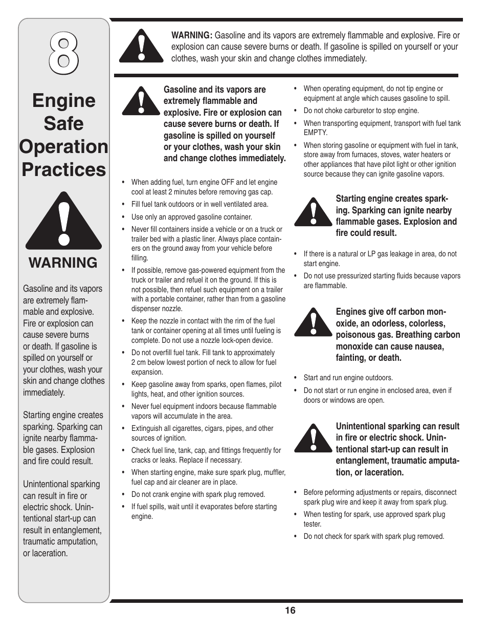Engine safe operation practices, Warning | MTD 5DM User Manual | Page 16 / 52