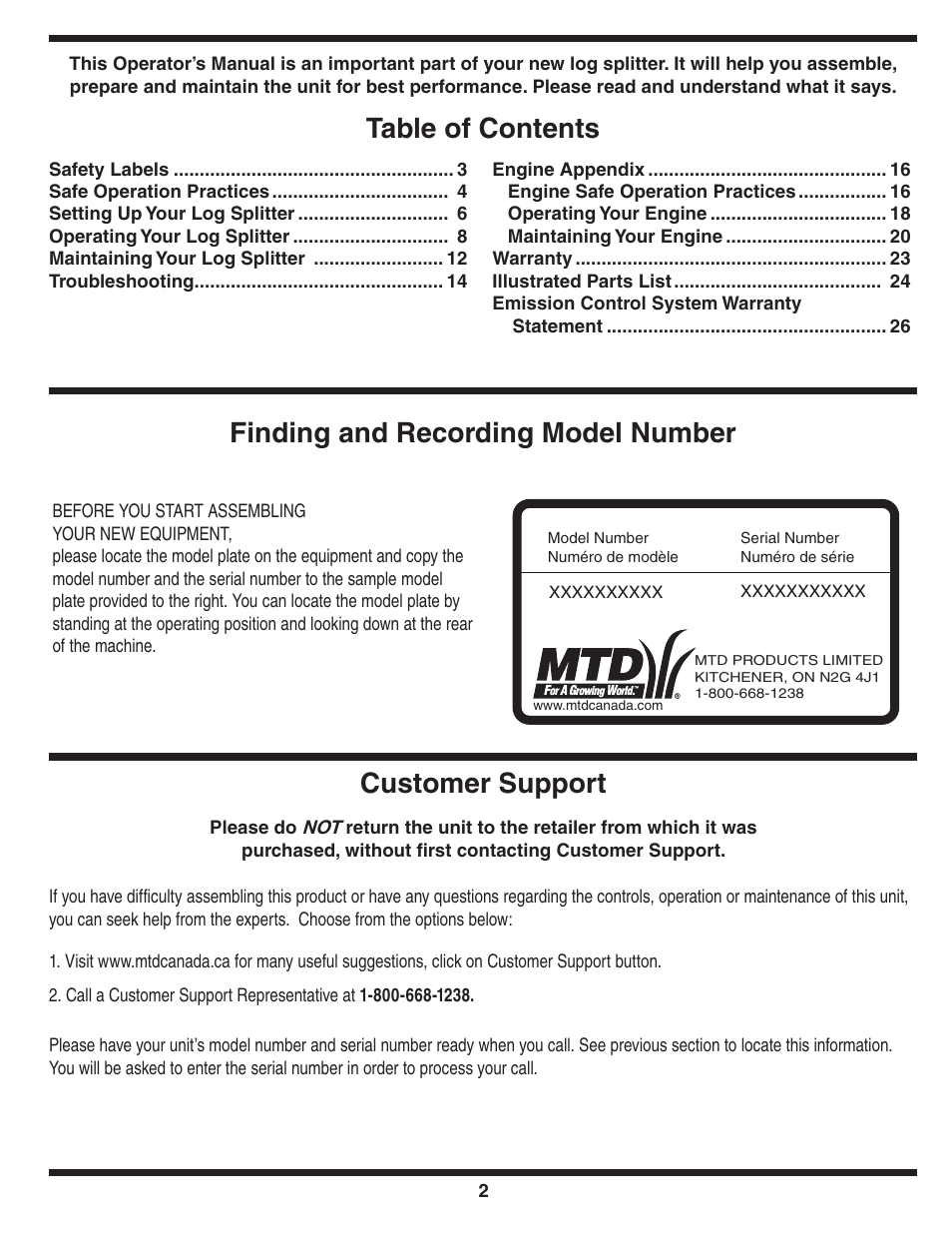 Customer support | MTD 5DM User Manual | Page 2 / 52