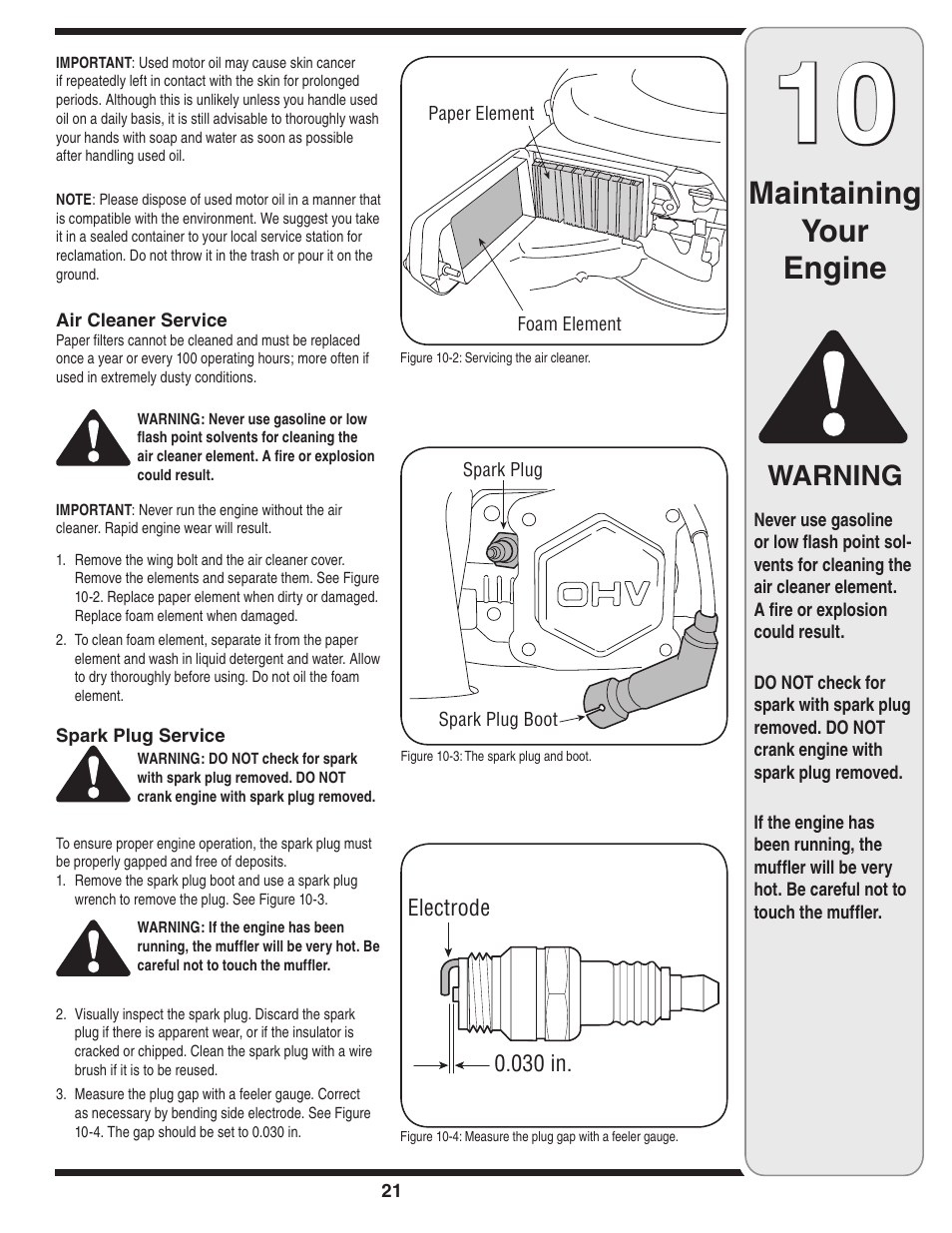 Maintaining your engine, Warning | MTD 5DM User Manual | Page 21 / 52