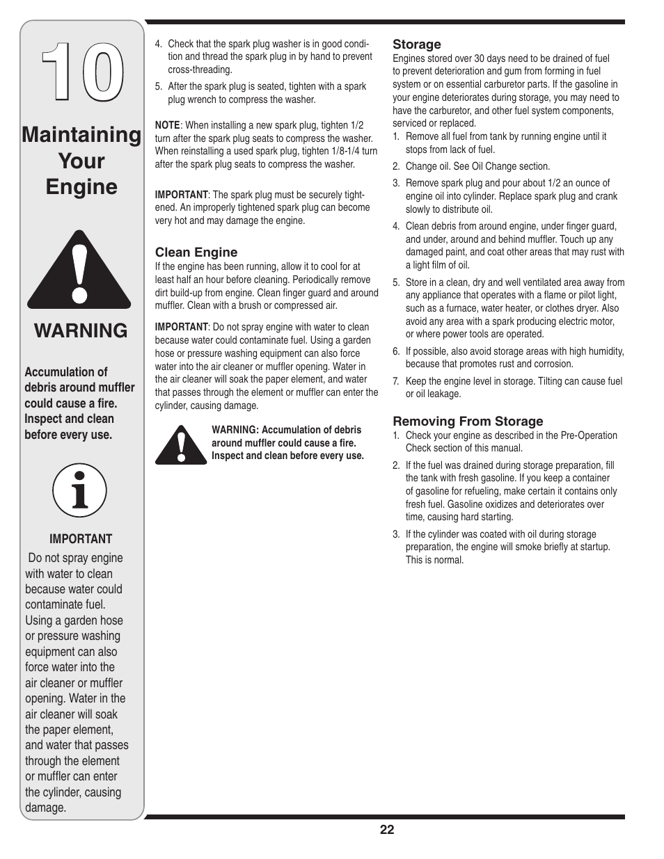 Maintaining your engine, Warning | MTD 5DM User Manual | Page 22 / 52