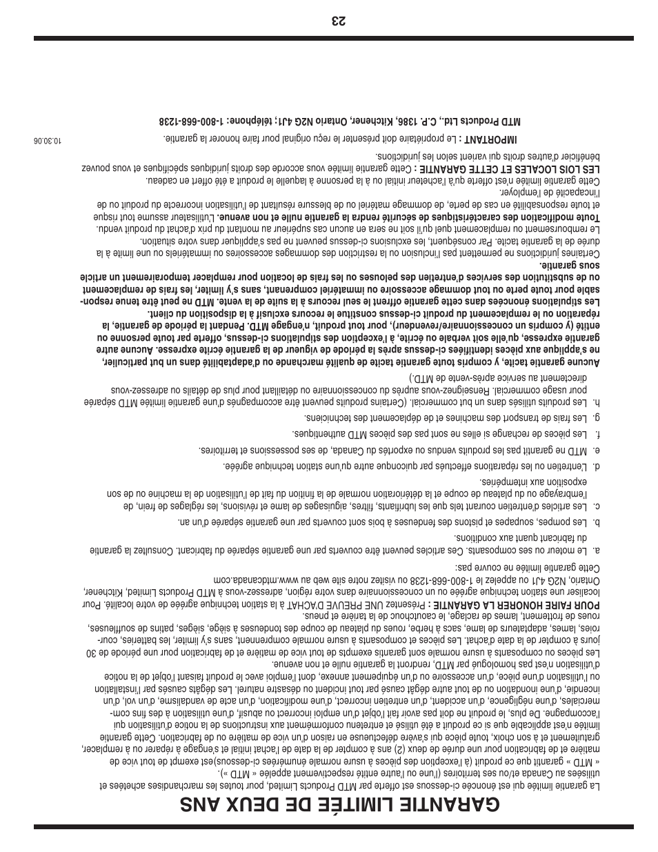 Garantie limitée de deux ans | MTD 5DM User Manual | Page 30 / 52