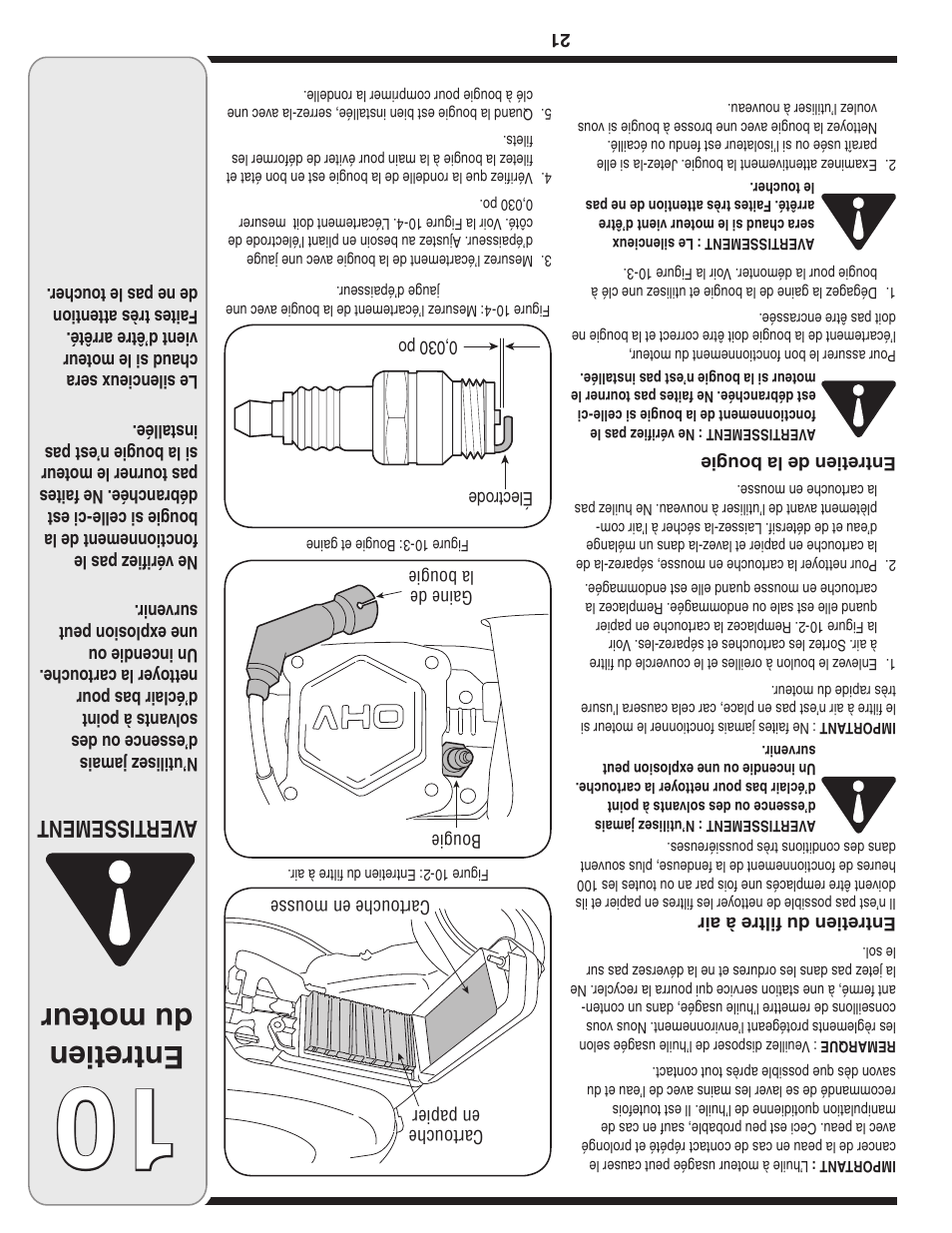 Entretien du moteur, Aver tissement | MTD 5DM User Manual | Page 32 / 52