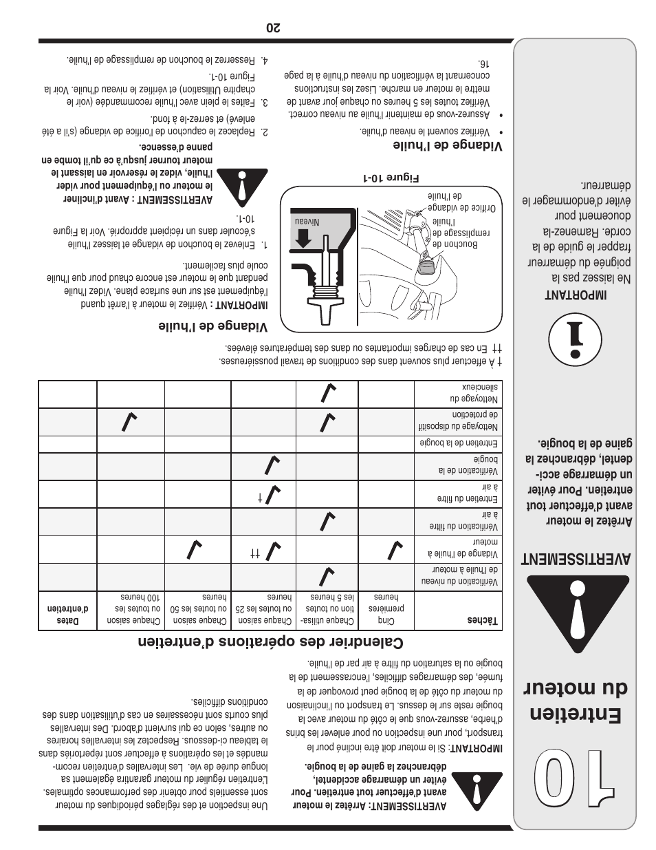 Entretien du moteur, Aver tissement, Calendrier des opérations d’entretien | MTD 5DM User Manual | Page 33 / 52