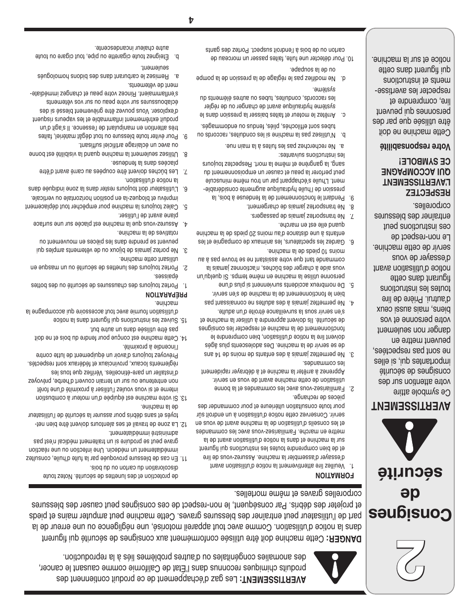 Con sig nes de sécurité, Aver tissement | MTD 5DM User Manual | Page 49 / 52