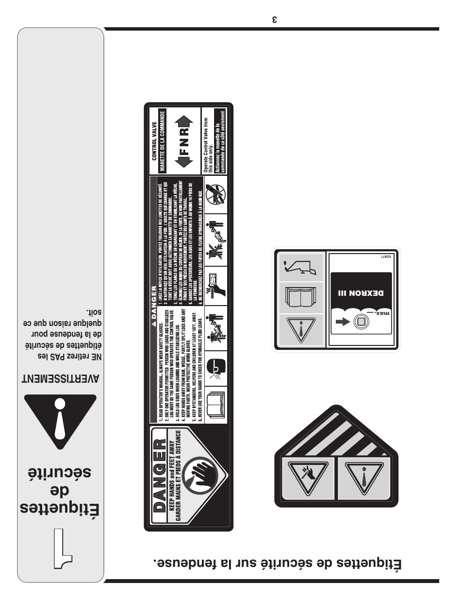 Étiquettes de sécurité, Étiquettes de sécurité sur la fendeuse | MTD 5DM User Manual | Page 50 / 52