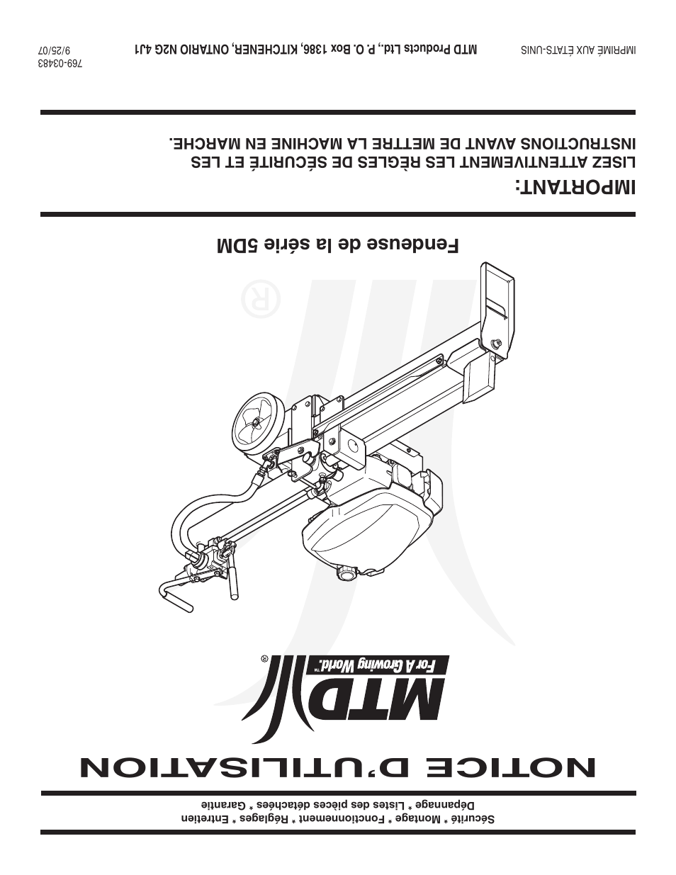 Notice d’utilisa tion, Fendeuse de la série 5dm, Important | MTD 5DM User Manual | Page 52 / 52