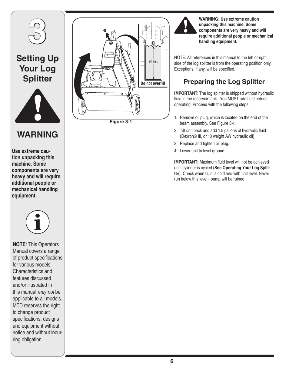 Setting up your log splitter, Warning | MTD 5DM User Manual | Page 6 / 52