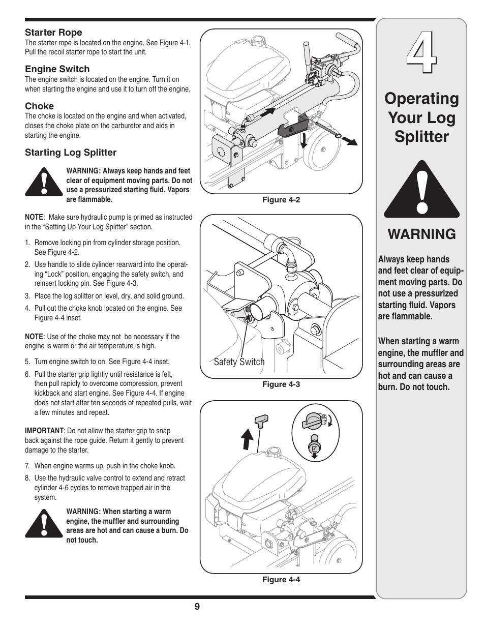 Operating your log splitter, Warning | MTD 5DM User Manual | Page 9 / 52