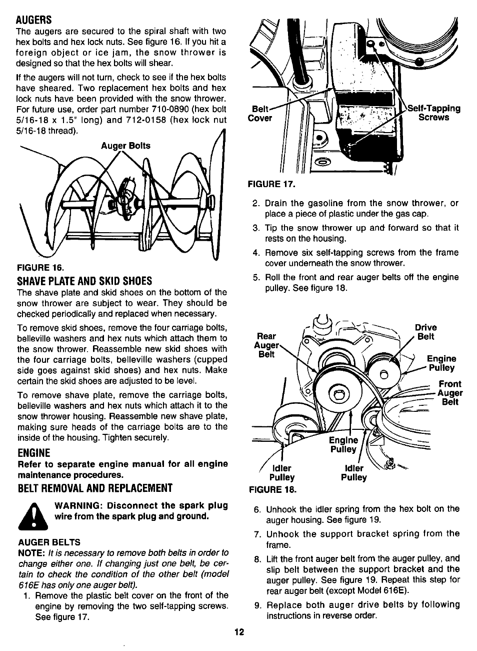 Augers, Shave plate and skid shdes, Engine | Belt removal and replacement | MTD White 315E646F190 User Manual | Page 12 / 24