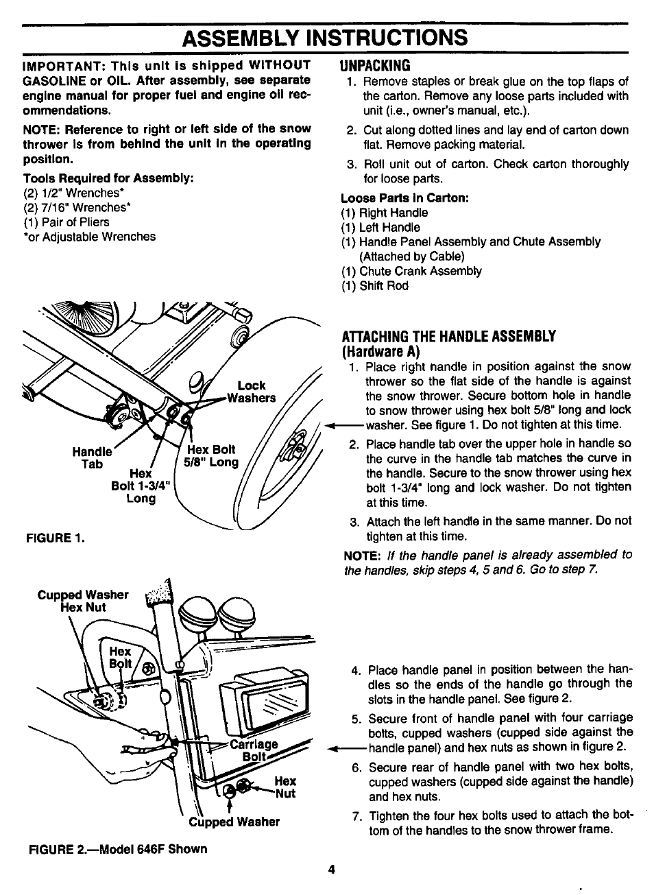 Unpacking, Ahaching the handle assembly (hardware a), Assembly instructions | MTD White 315E646F190 User Manual | Page 4 / 24