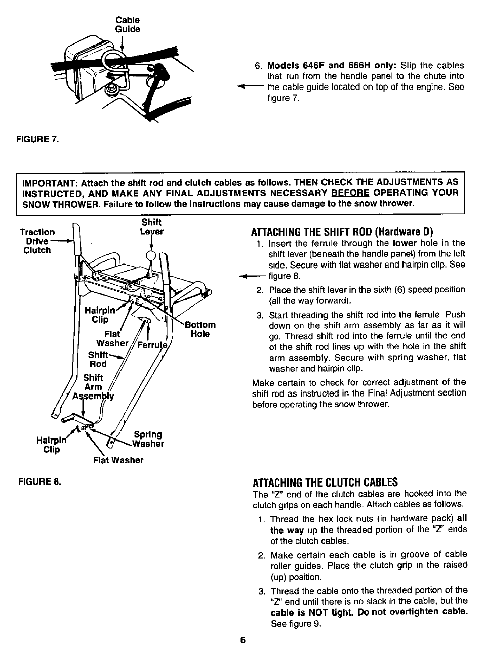 Ahaching the shift rod (hardware d), Ahaching the clutch cables | MTD White 315E646F190 User Manual | Page 6 / 24