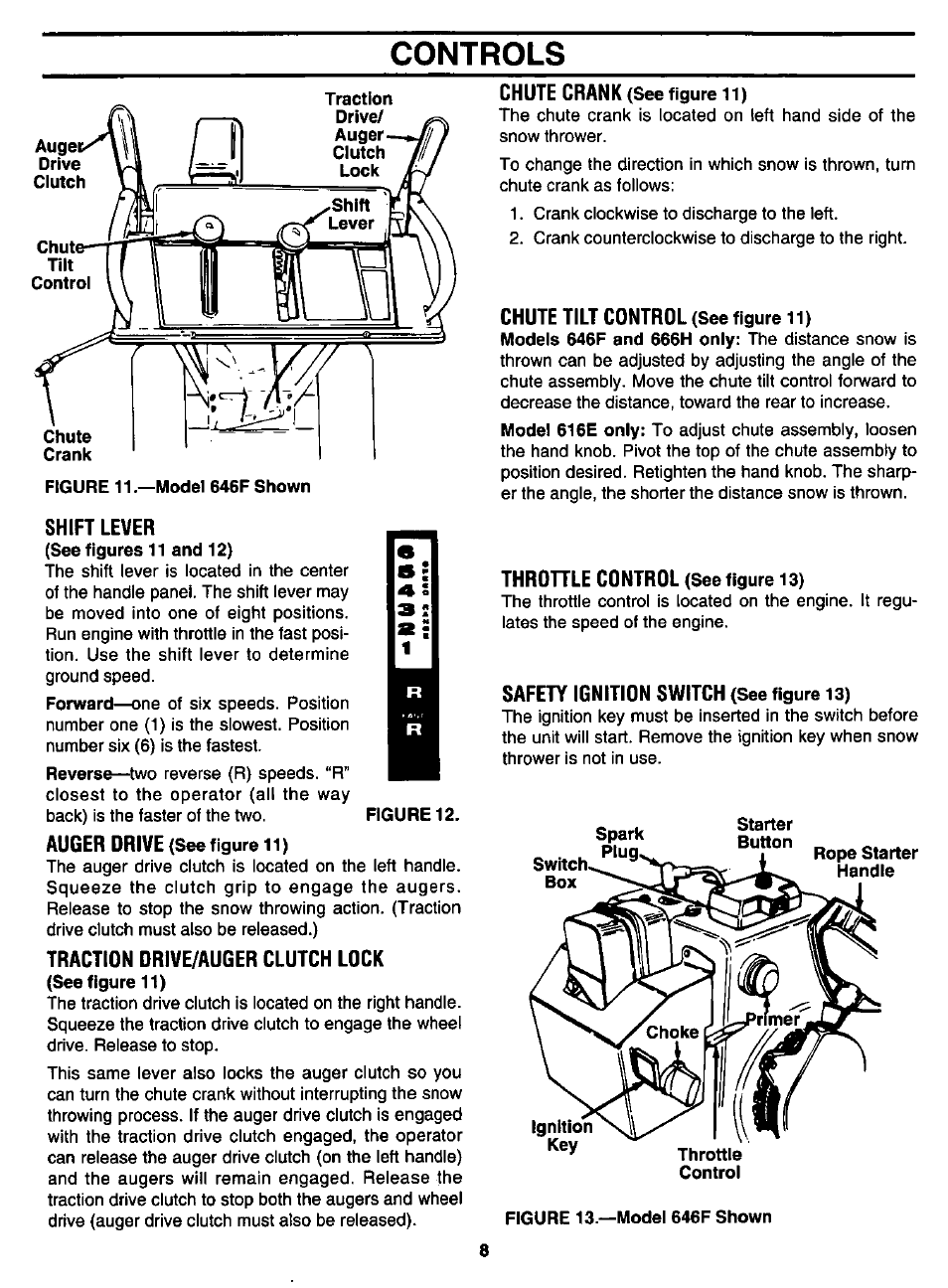 Shift lever, Traction drive/auger clutch lock, Chute tilt control (see figure 11) | Throttle control (see figure 13), Safety ignition switch (see figure 13), Controls | MTD White 315E646F190 User Manual | Page 8 / 24