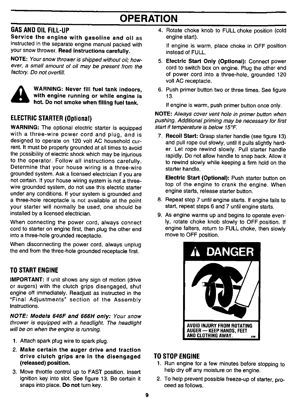 Gas and oil fill-up, Electric starter (optional), To start engine | To stop engine, A danger, Operation | MTD White 315E646F190 User Manual | Page 9 / 24