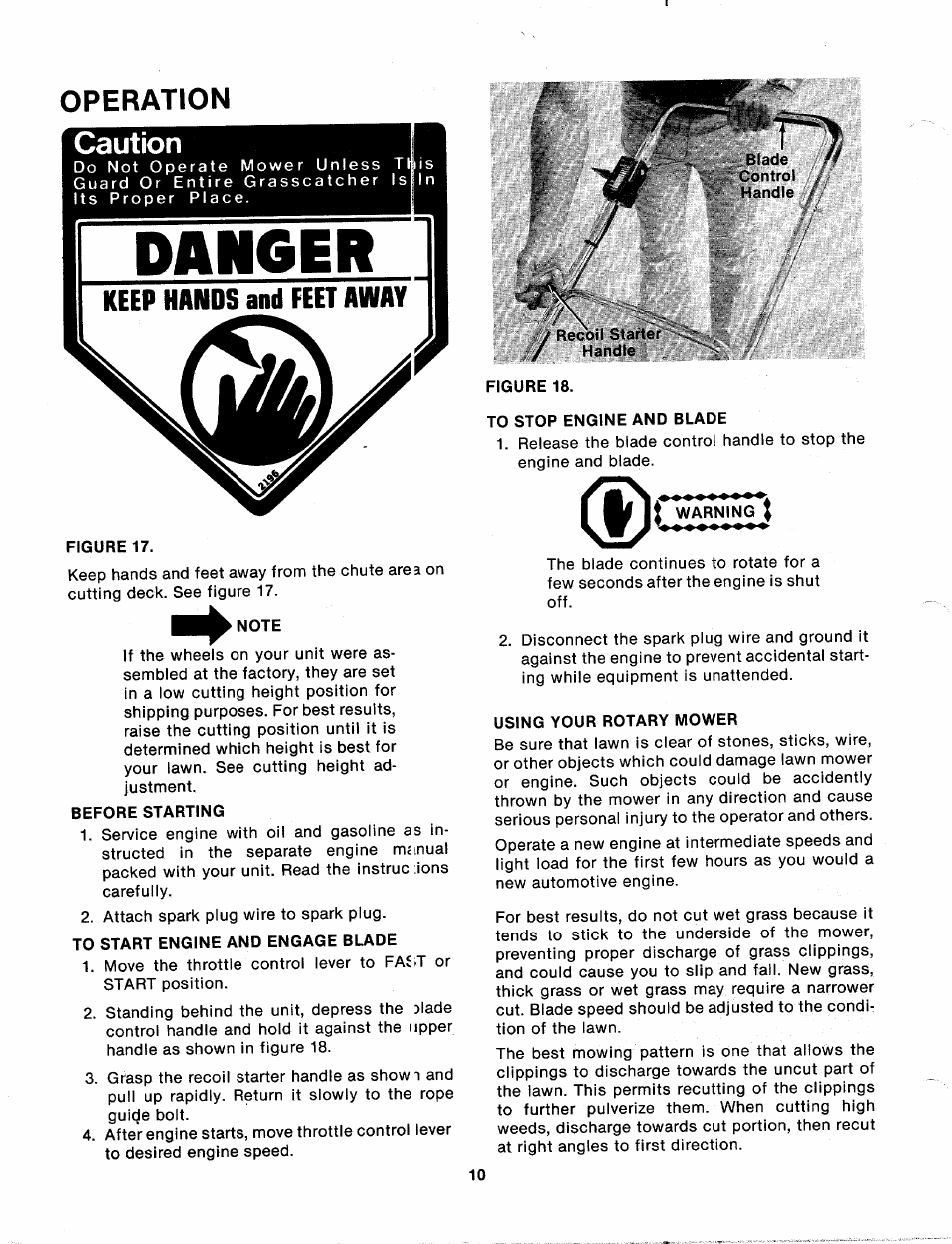 Operation, Caution, Danger | Keep hands and feet away | MTD 113-080A User Manual | Page 10 / 16