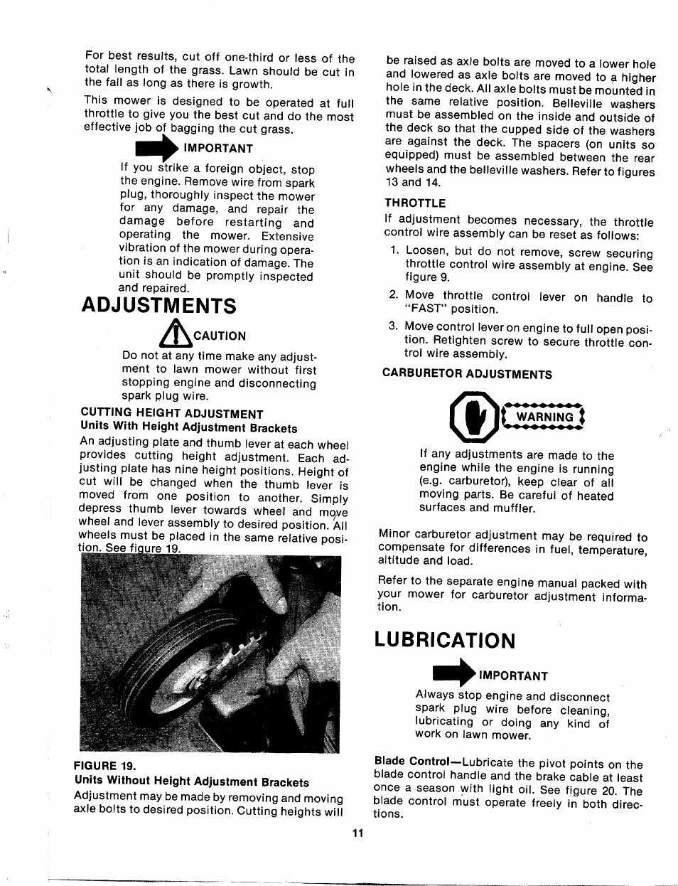 Important, Adjustments, Throttle | Carburetor adjustments, Lubrication | MTD 113-080A User Manual | Page 11 / 16