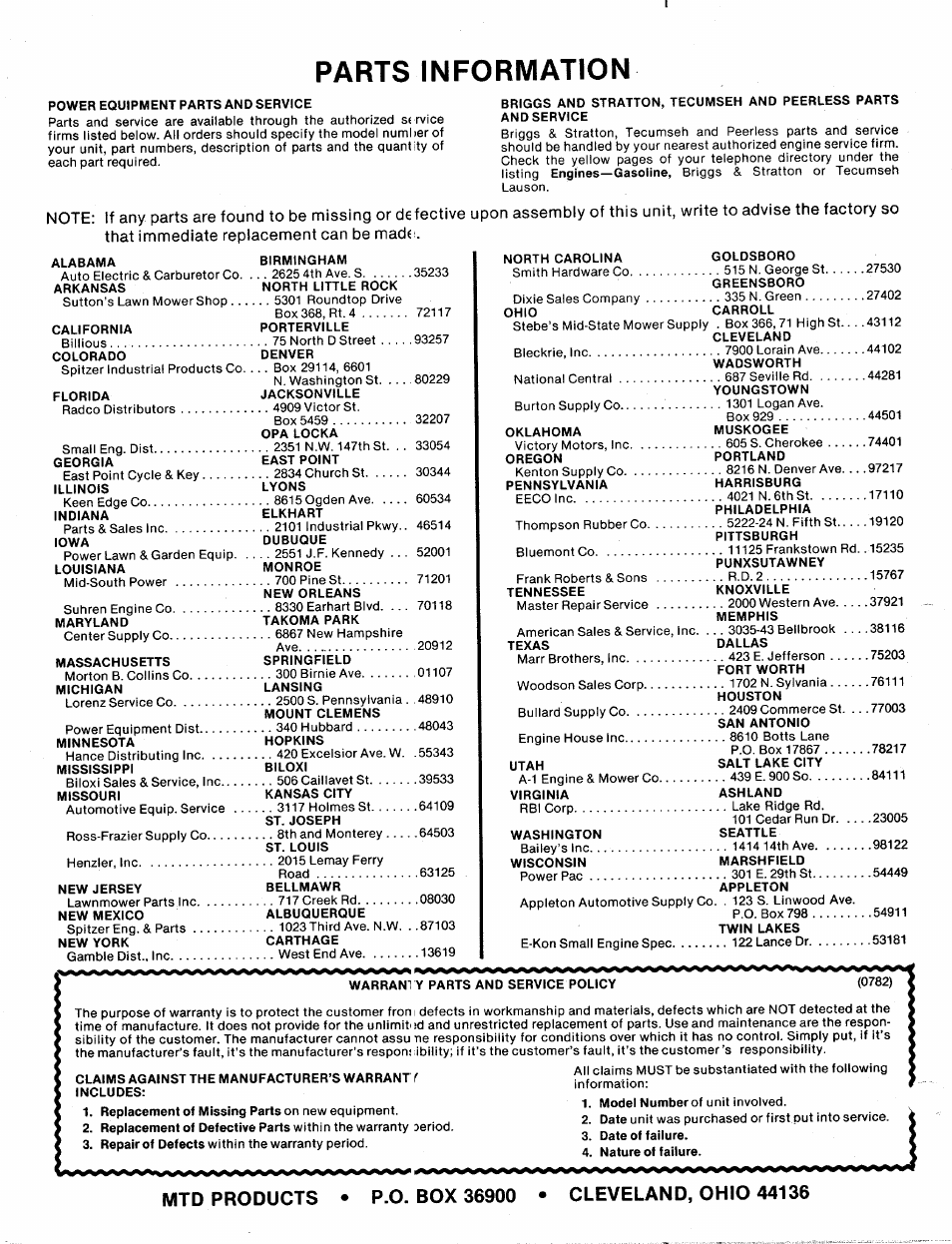 Parts information, Mtd products • p.o. box 36900 | MTD 113-080A User Manual | Page 16 / 16