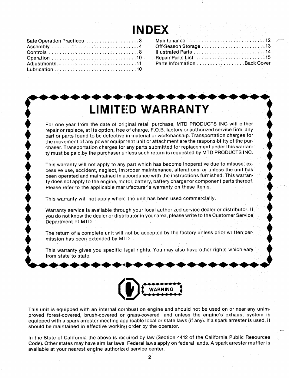 Warning, Index, Vlimiteid warranty | MTD 113-080A User Manual | Page 2 / 16