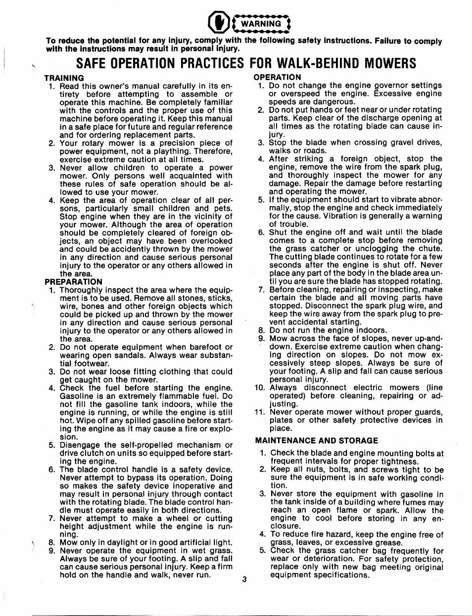 Safe operation practices for walk-behind mowers, Training, Preparation | Operation, Maintenance and storage, Warn | MTD 113-080A User Manual | Page 3 / 16