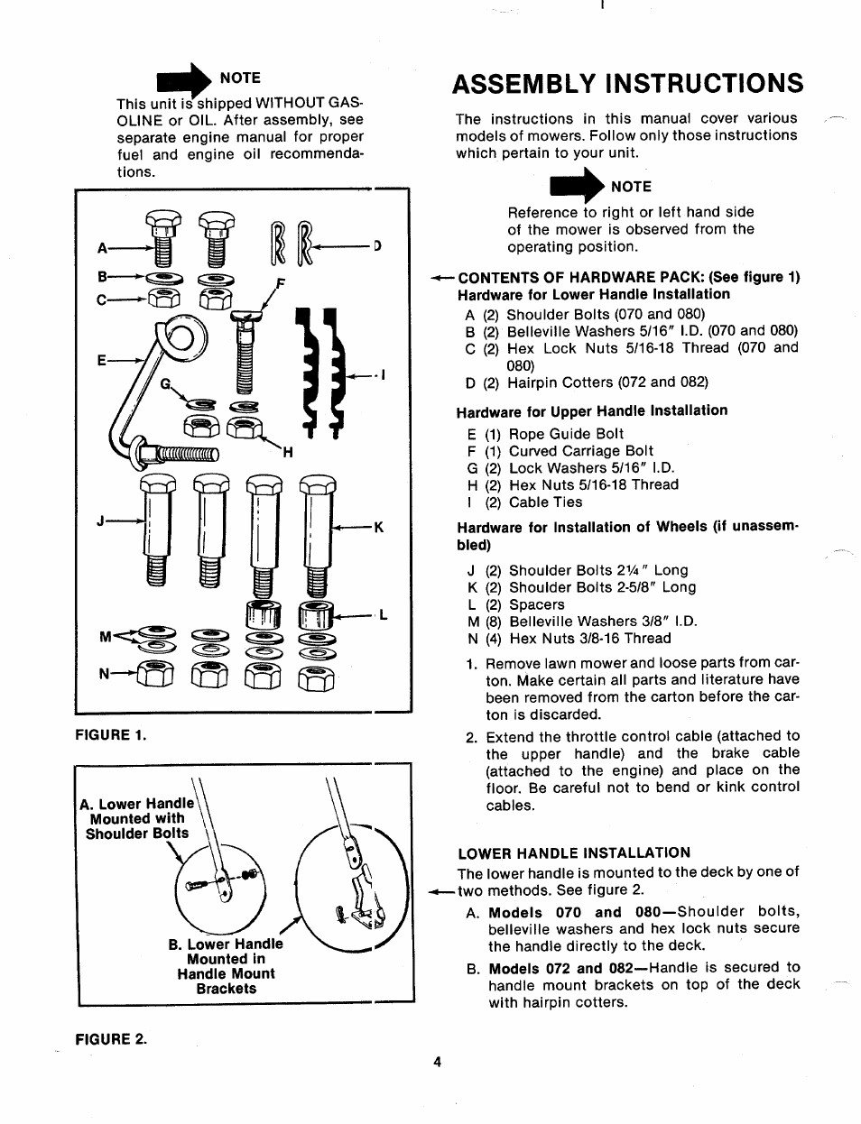 Note, Lower handle installation, Assembly instructions | MTD 113-080A User Manual | Page 4 / 16