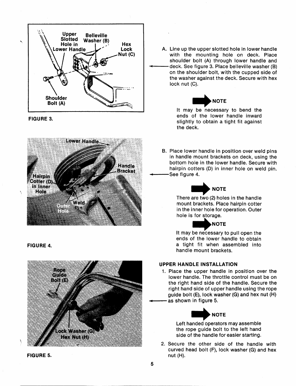 Note, Upper handle installation | MTD 113-080A User Manual | Page 5 / 16