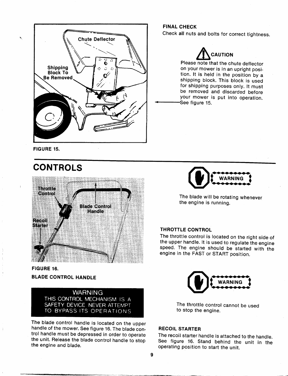 Final check, Caution, Throttle control | Warning, Recoil starter, Controls | MTD 113-080A User Manual | Page 9 / 16