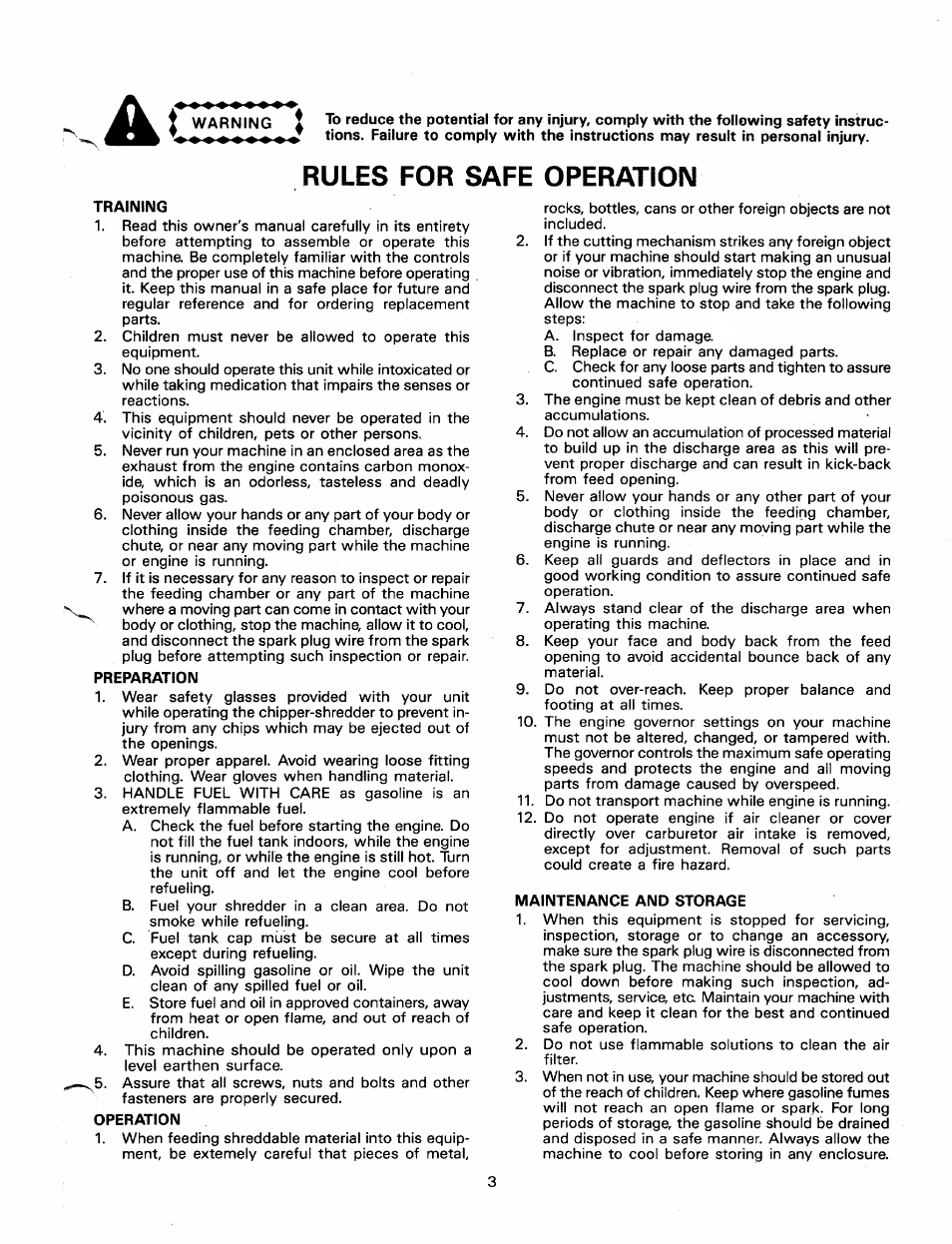 Warning, Rules for safe operation, Training | Preparation, Operation, Maintenance and storage | MTD 240-650-000 User Manual | Page 3 / 16