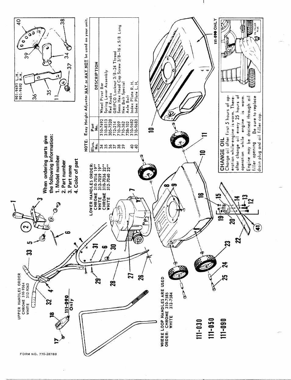 When ordering parts give the following information, Model number, Part number | Part name, Color of part, Change oil | MTD 111-050 User Manual | Page 2 / 4