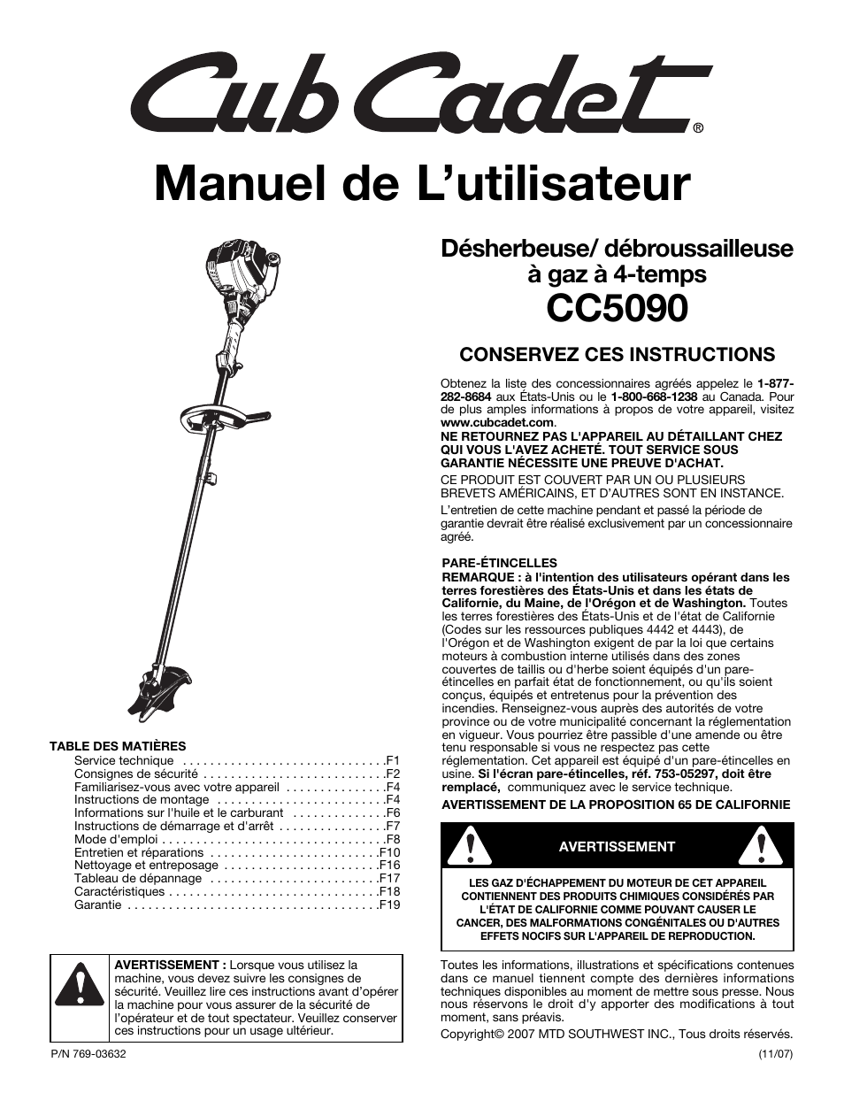 Manuel de l’utilisateur, Cc5090, Désherbeuse/ débroussailleuse à gaz à 4-temps | MTD CC5090 User Manual | Page 21 / 60