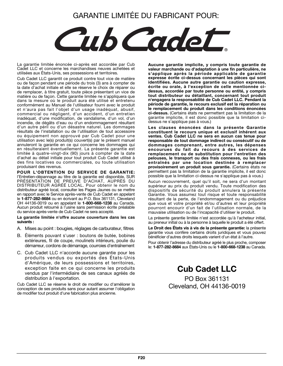 Cub cadet llc, Garantie limitée du fabricant pour | MTD CC5090 User Manual | Page 40 / 60