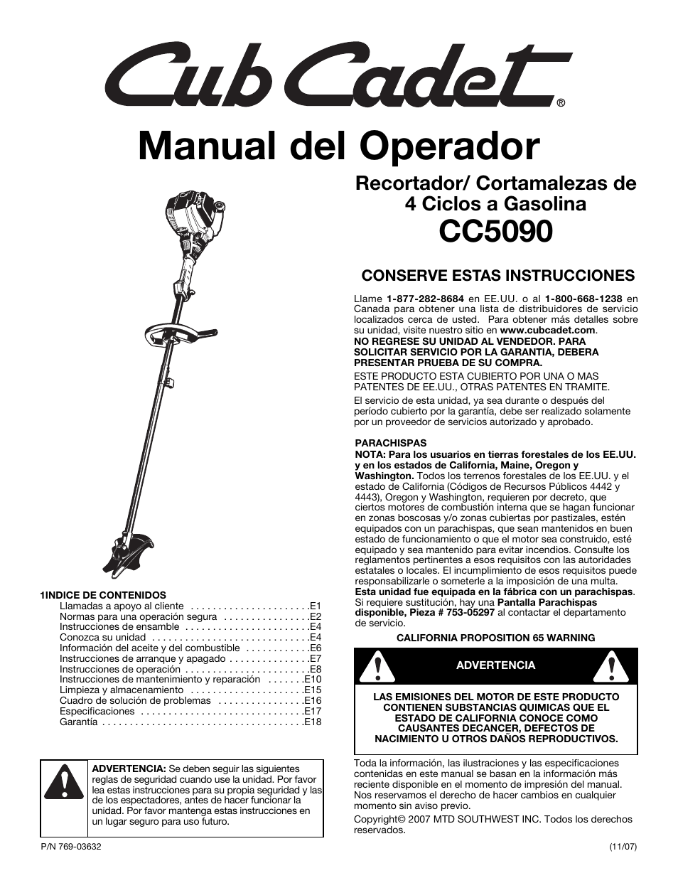 Manual del operador, Cc5090, Recortador/ cortamalezas de 4 ciclos a gasolina | MTD CC5090 User Manual | Page 41 / 60