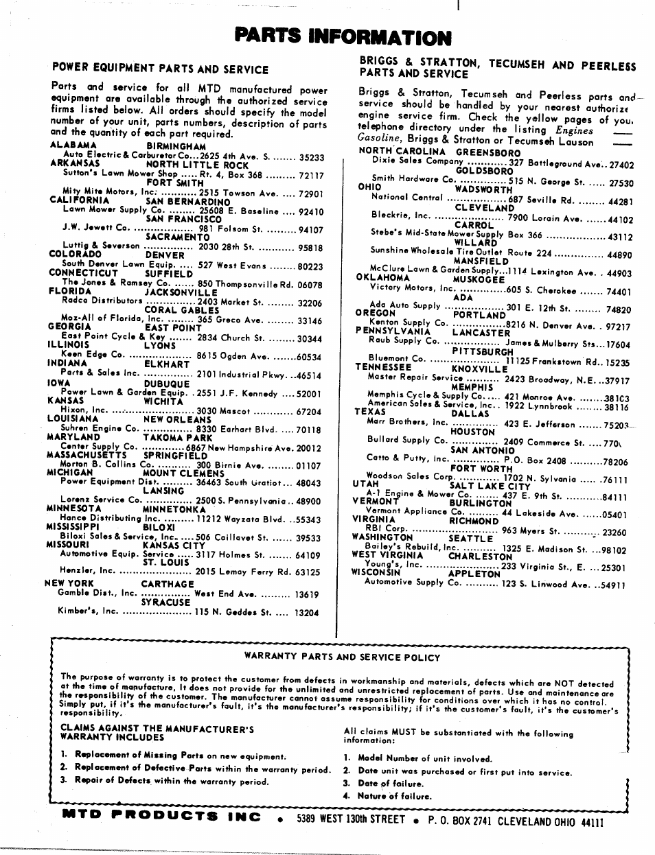 Power equipmekt parts and service, Mrts information, I n c | MTD 217-100A User Manual | Page 16 / 16