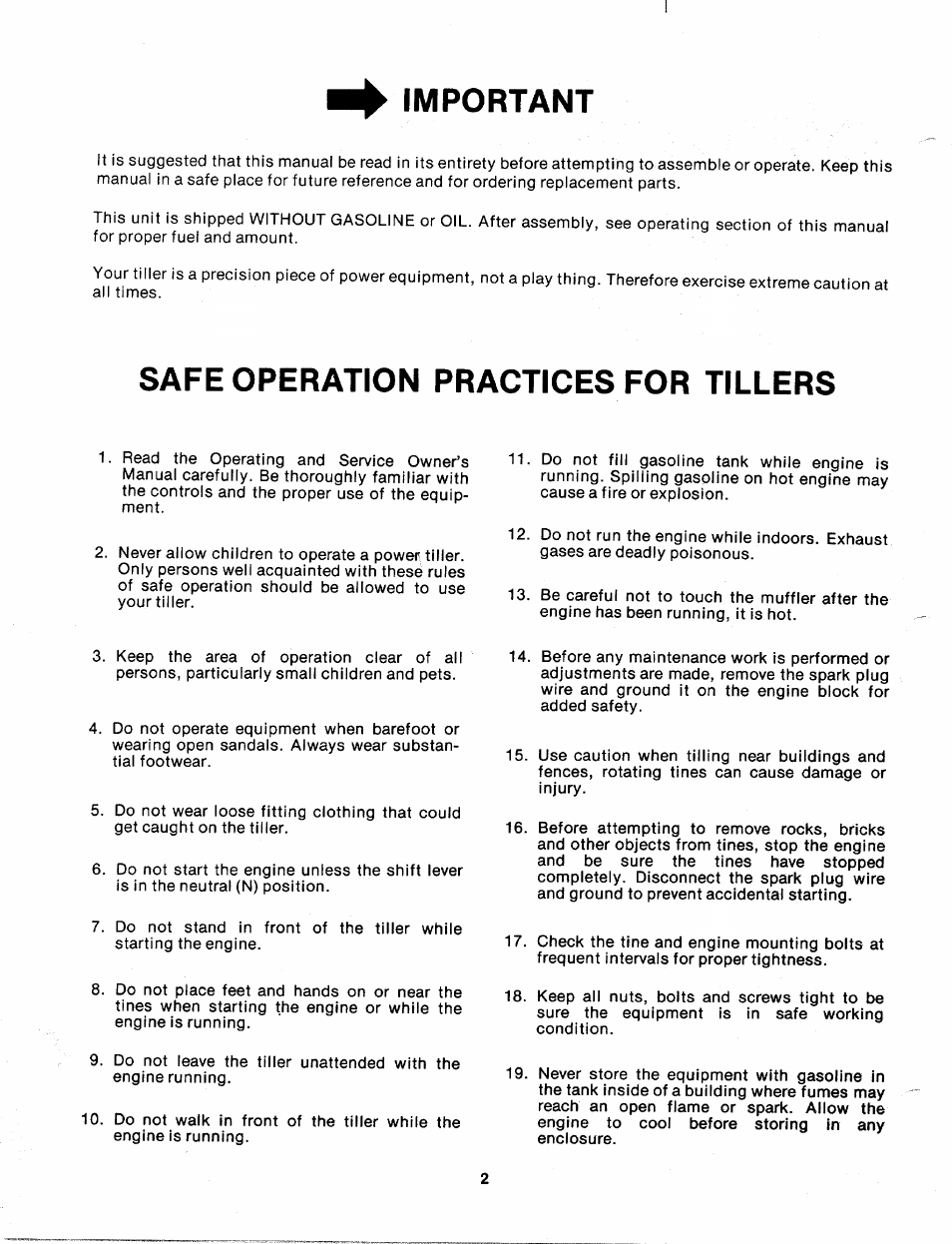 Important, Safe operation practices for tillers | MTD 217-100A User Manual | Page 2 / 16