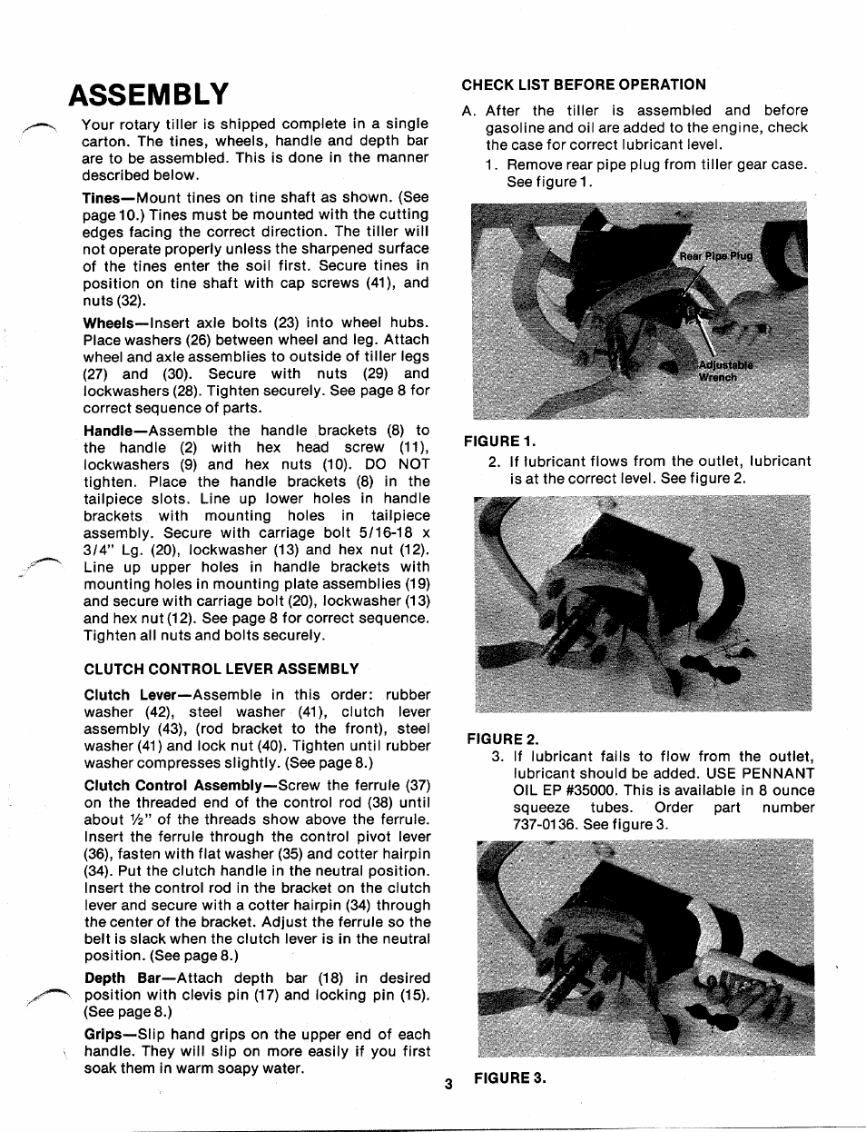 Assembly, Clutch control lever assembly, Check list before operation | MTD 217-100A User Manual | Page 3 / 16