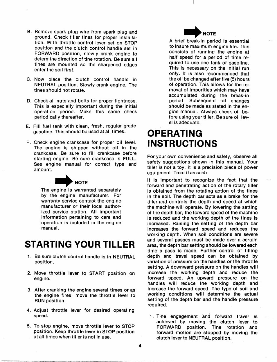 Starting your tiller, Operating, Instructions | Operating instructions | MTD 217-100A User Manual | Page 4 / 16