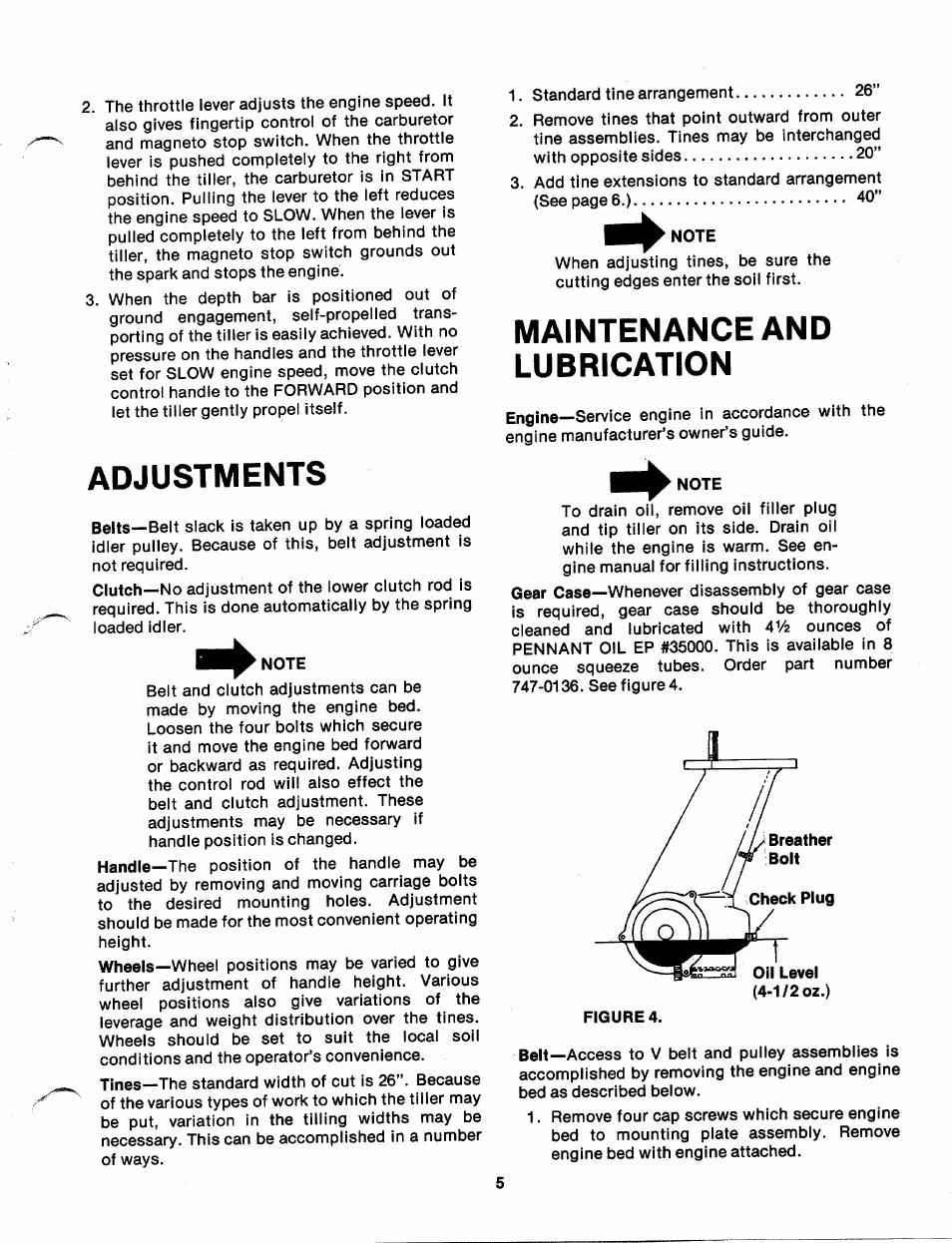 Adjustments, Note, Maintenance and lubrication | MTD 217-100A User Manual | Page 5 / 16
