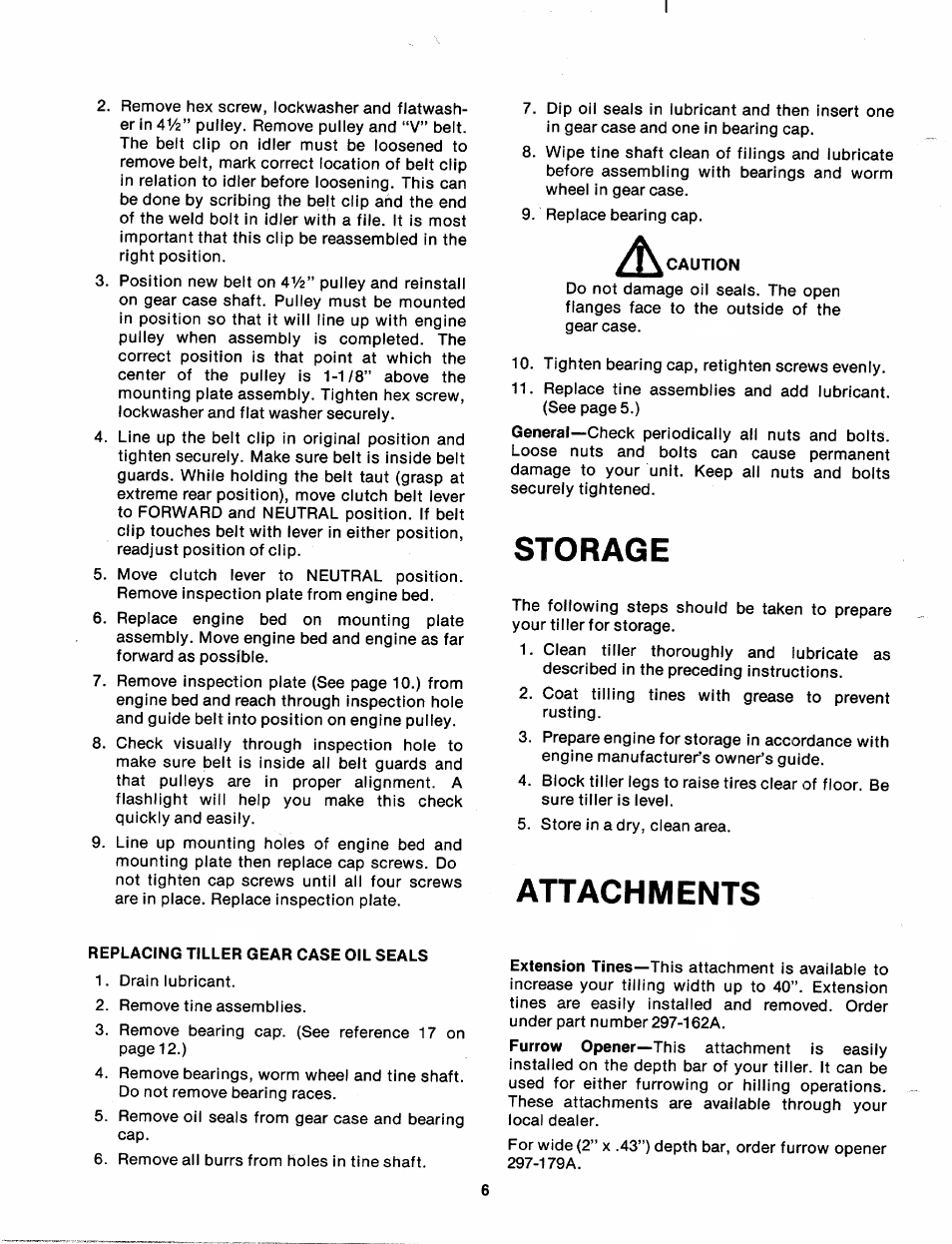 Caution, Storage, Attachments | Replacing tiller gear case oil seals | MTD 217-100A User Manual | Page 6 / 16