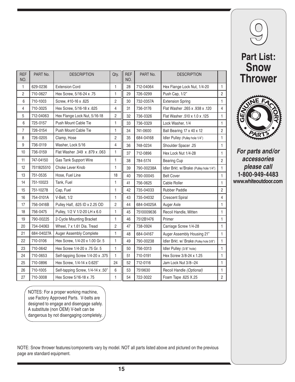 Snow thrower, Part list | MTD 235 User Manual | Page 15 / 20