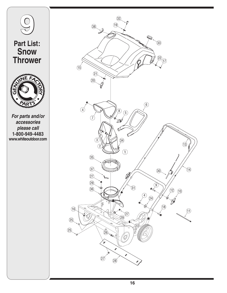 Snow thrower, Part list | MTD 235 User Manual | Page 16 / 20