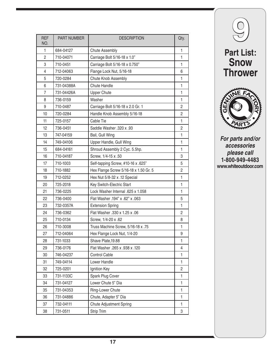 Snow thrower, Part list | MTD 235 User Manual | Page 17 / 20
