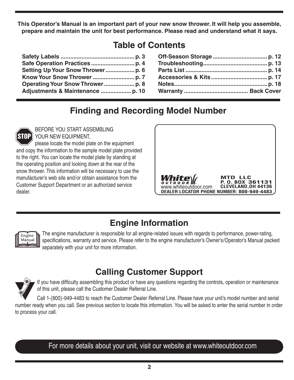 Engine information, Calling customer support | MTD 235 User Manual | Page 2 / 20
