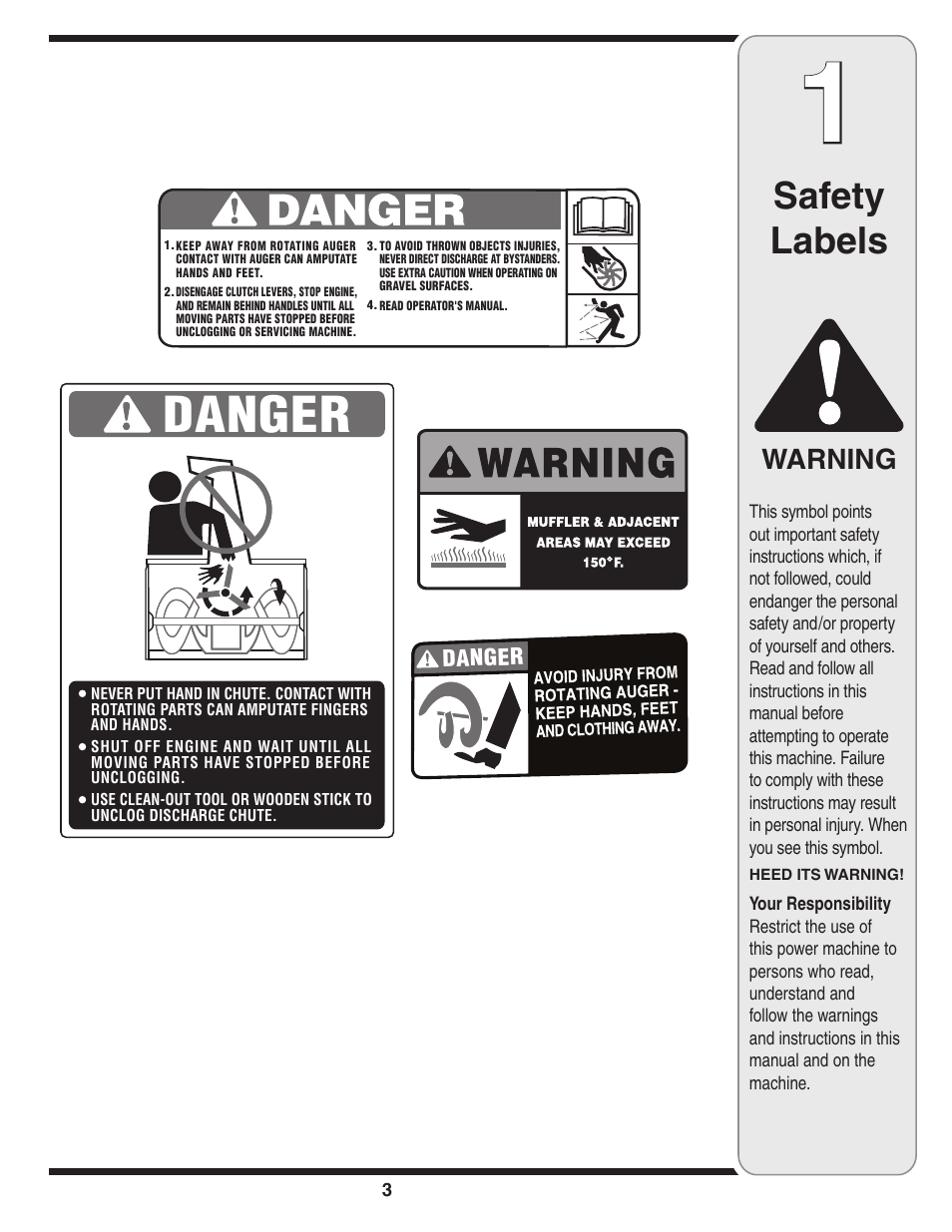 Safety labels, Warning | MTD 235 User Manual | Page 3 / 20